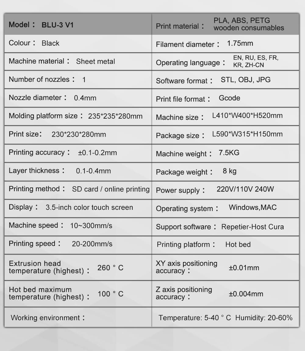 3D Printer Specifications